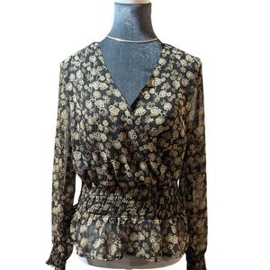 Japna Floral Smocked Waist Black and Gold V-Neck Blouse